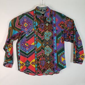 Vintage 80s Western Graphic Button Up Wms L Rafter JX Barrel Racer Pockets Aztec